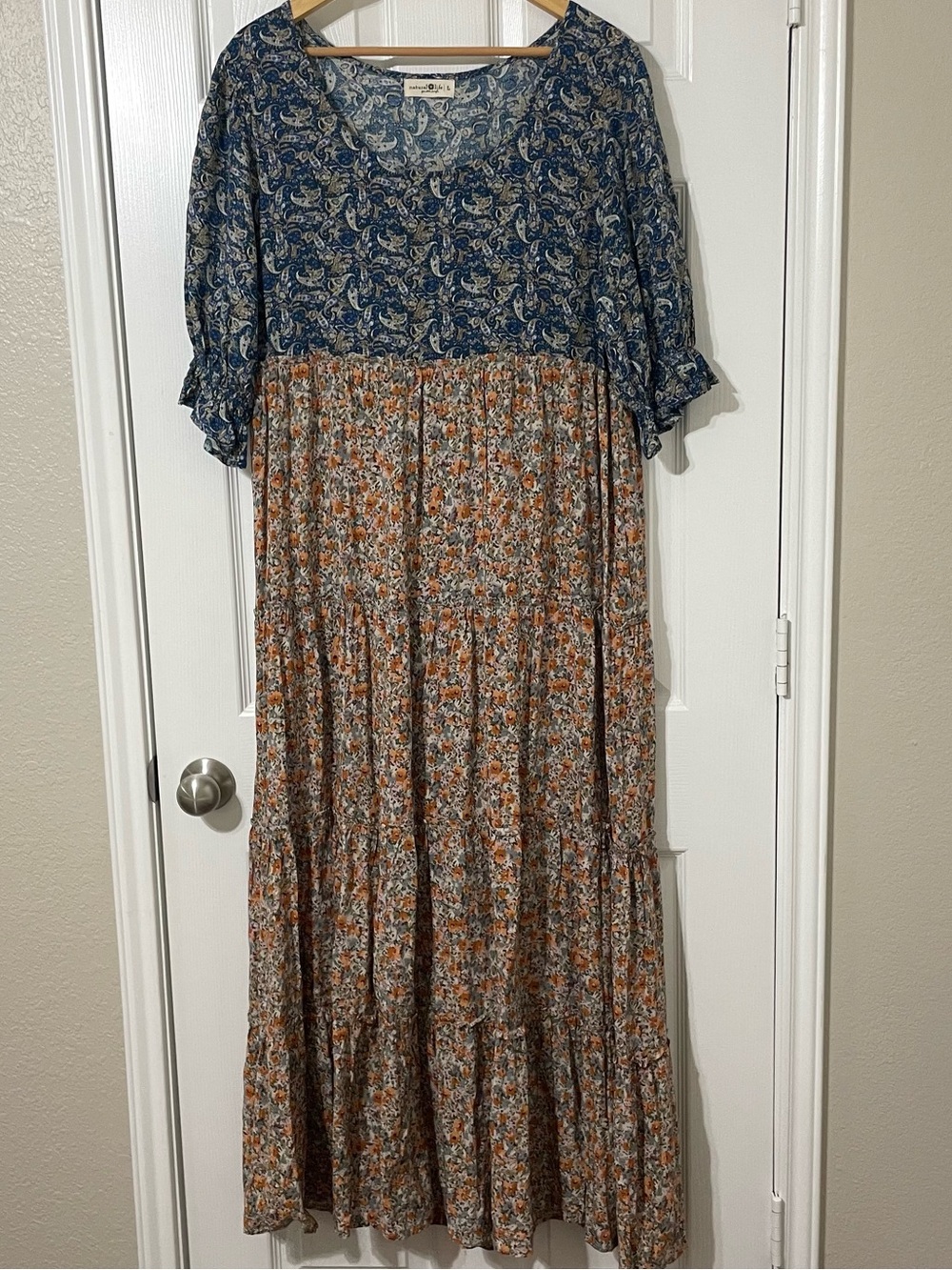 Natural Life Flowy Boho Mixed Print Floral Paisley Tiered Maxi Dress Size Large